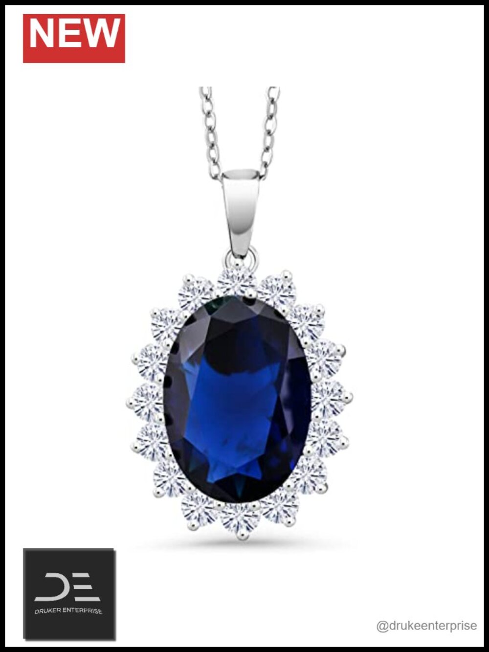925 Sterling Silver Oval Blue Simulated Sapphire Pendant Necklace 18in